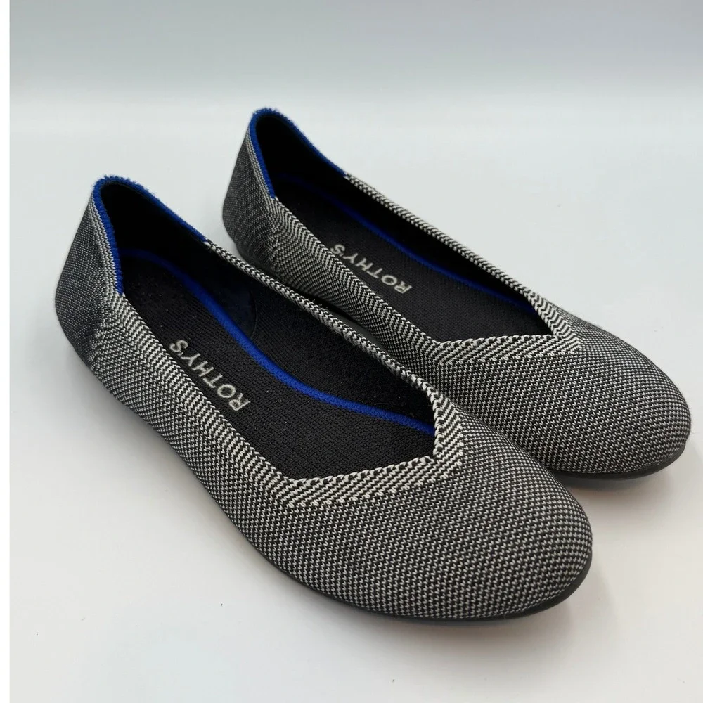 Rothy's Black White Herringbone Round Toe Flats Knit Shoes Women's Sz 7.5